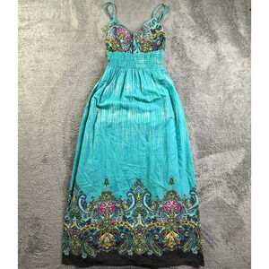 She's Cool Womens M Boho Paisley Maxi Dress Turquoise Cotton Smocked Y2K